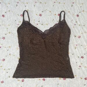 Y2K Fairy Grunge Brown Lace Camisole Babydoll Cami Top Spaghetti Strap Medium